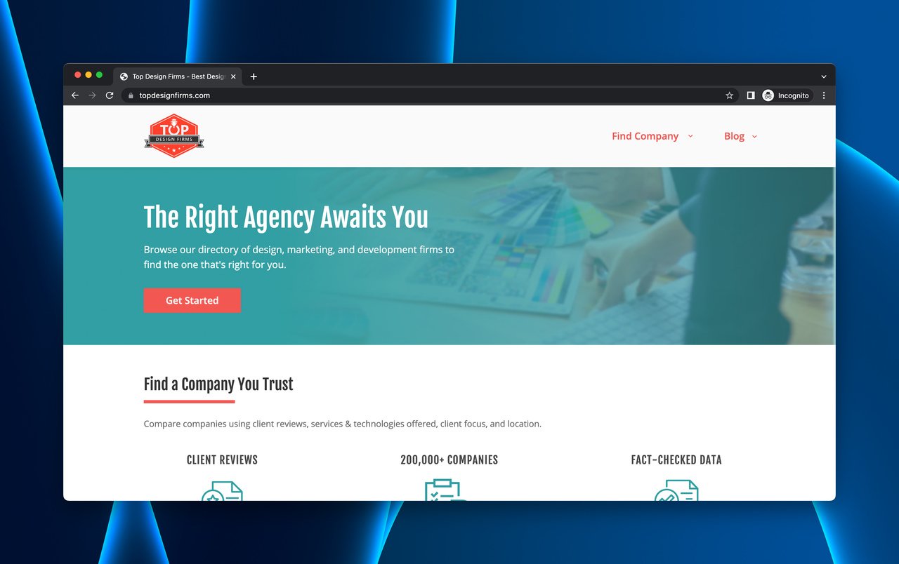 the homepage of Top Design Firms for agency directory