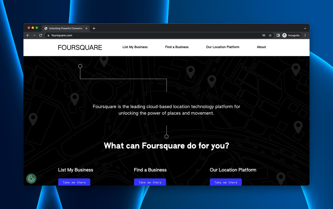 Foursquare's homepage which is comparatively darker than the other web directories