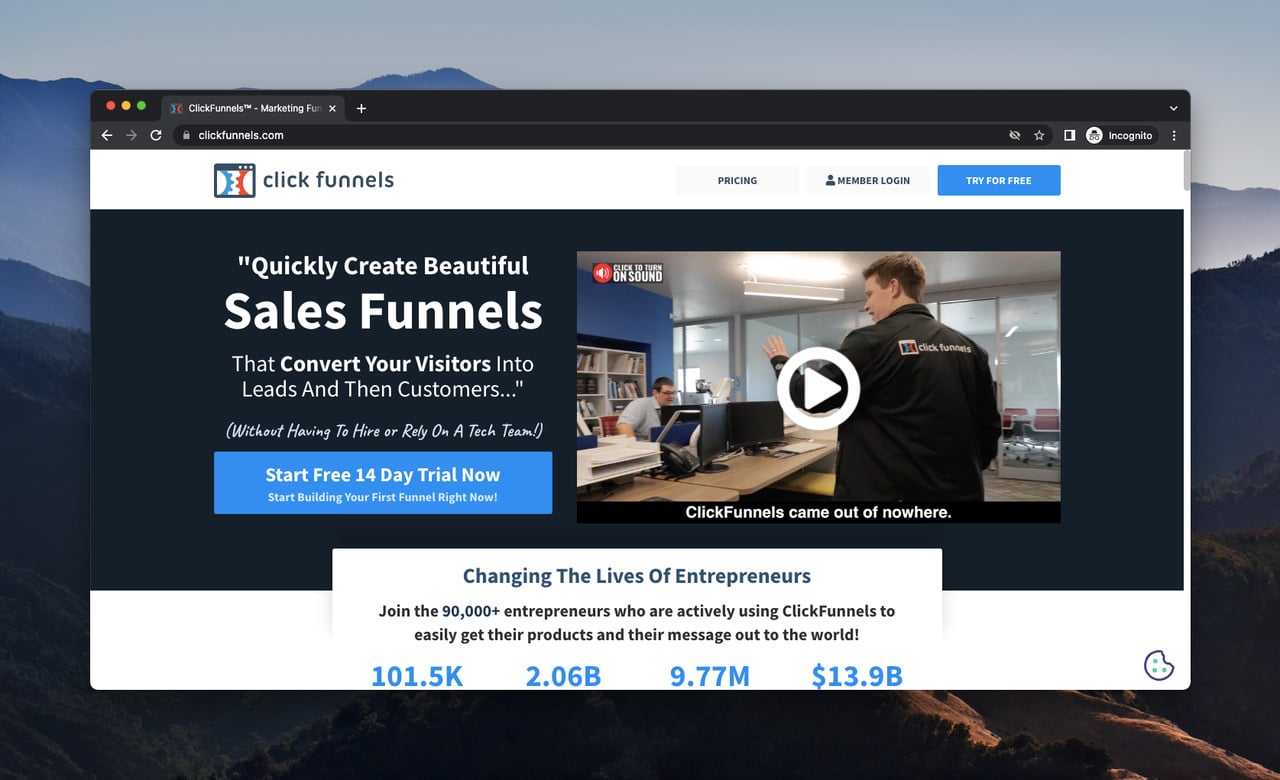 clickfunnels' homepage