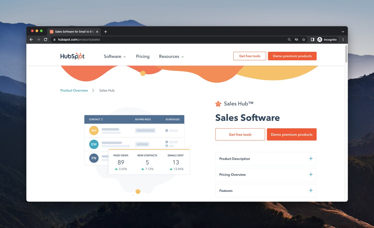 screenshot of hubspot sales hub page