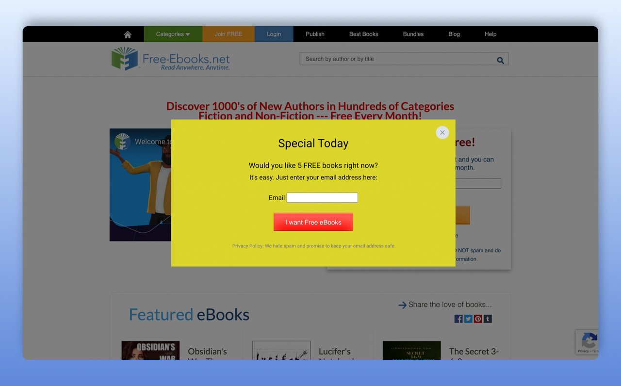 free ebook offer popup on a greenish yellow background offerin free ebooks with an email box followed by a red button