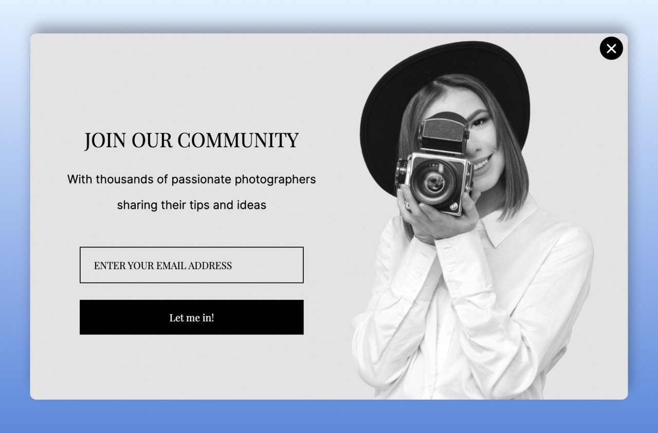 private community gated content example with a woman looking through a camera wearing a black hat and smiling on the right and email address box on the left followed by a "let me in" button