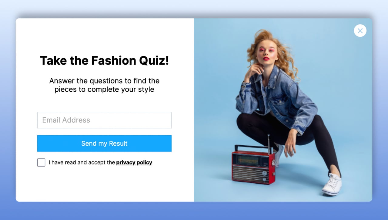 gated content quiz example with the photo of a female model on the right and quiz email address form box on the left with "send my result" button below