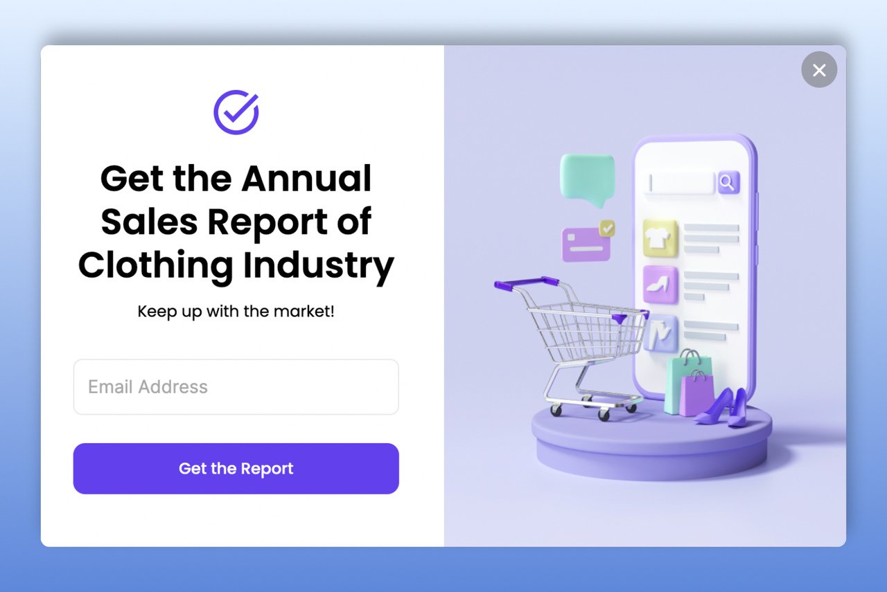 annual report gated content example with the illustration of a shopping cart in front of a phone standing on platform and the text and information box are on the right