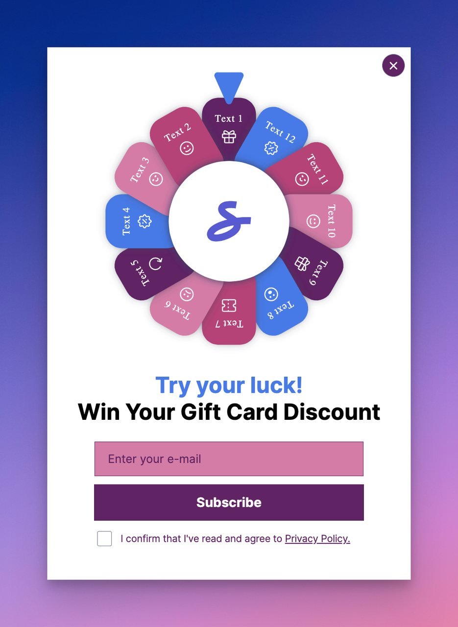 a Popupsmart.com gamified gift card promotion popup with a spin to win wheel