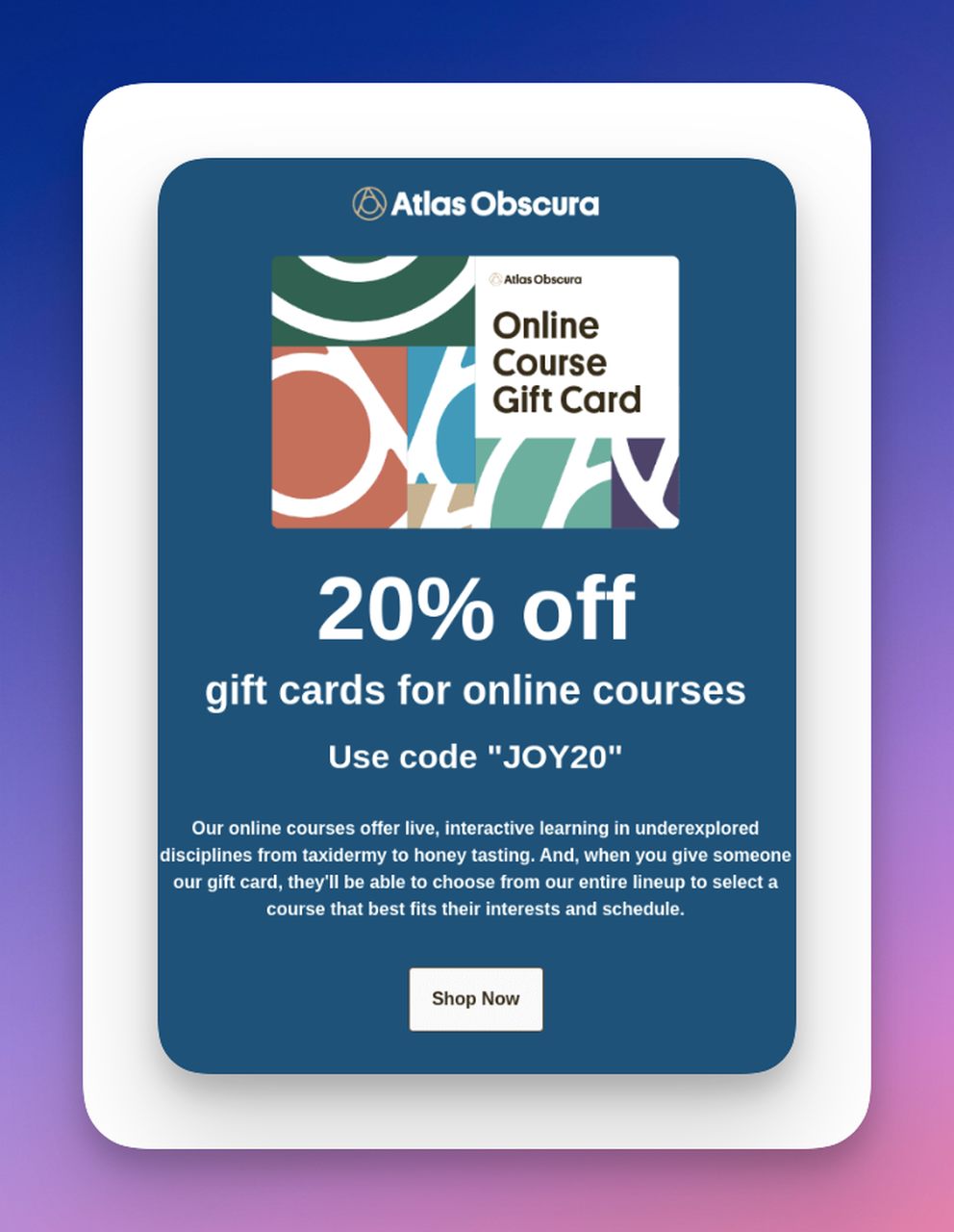 an email promoting their online courses with gift cards