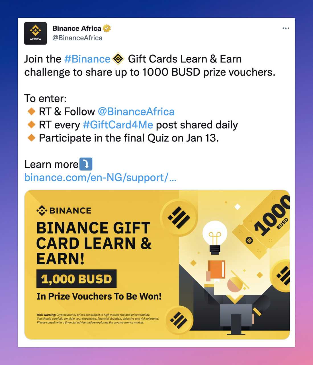 a Binance Africa Tweet promoting their gift card