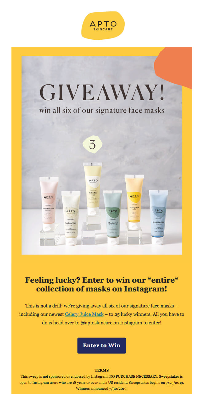 APTO Skincare's giveaway email template