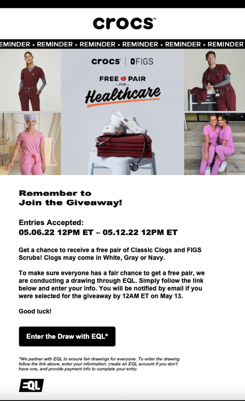 Crocs' giveaway email template