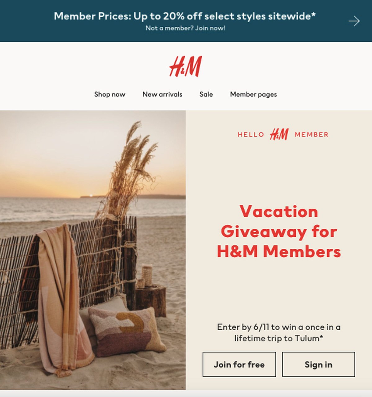 H&M's members only giveaway email