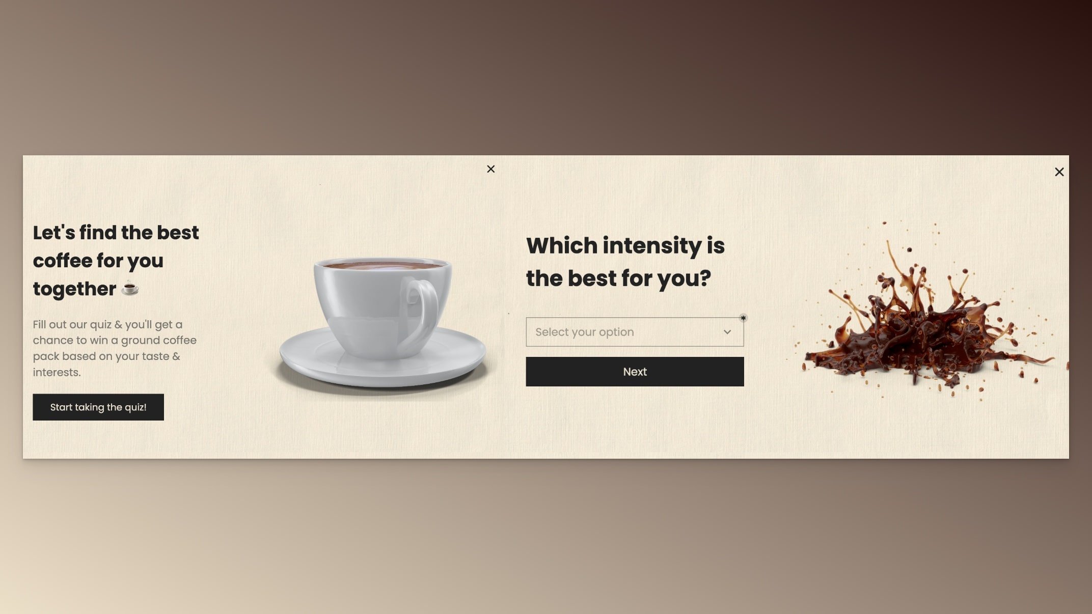 first and second steps of a multistep quiz giveaway popup about coffee