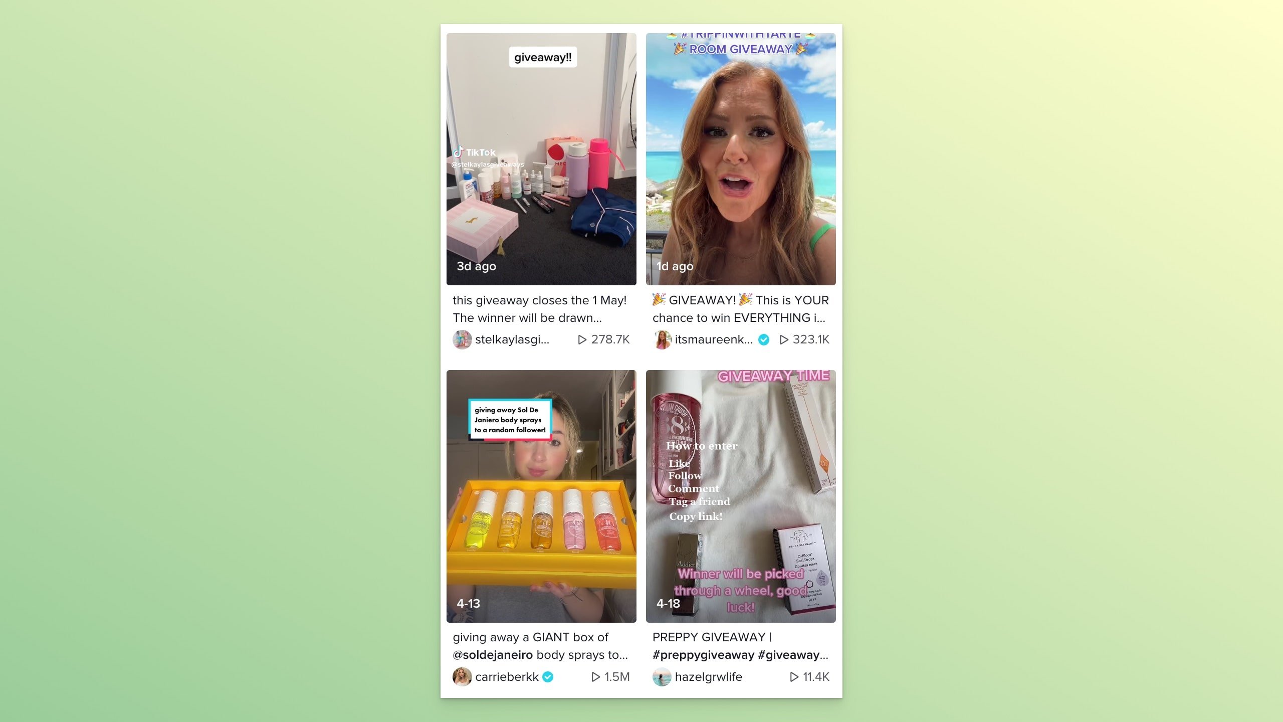 a screenshot of influencer giveaway videos on TikTok search results