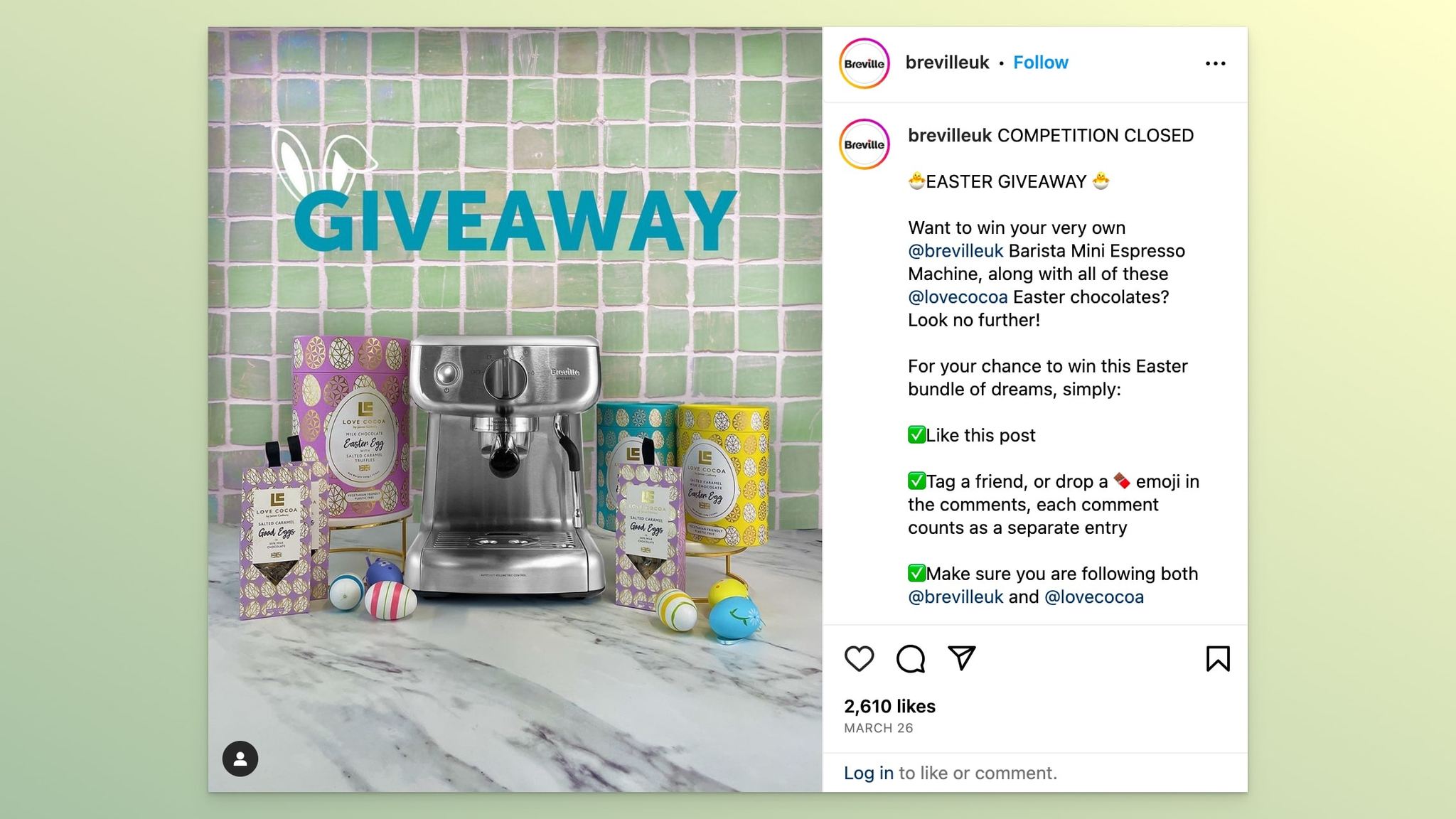 Breville UK's Instagram post about their Easter giveaway