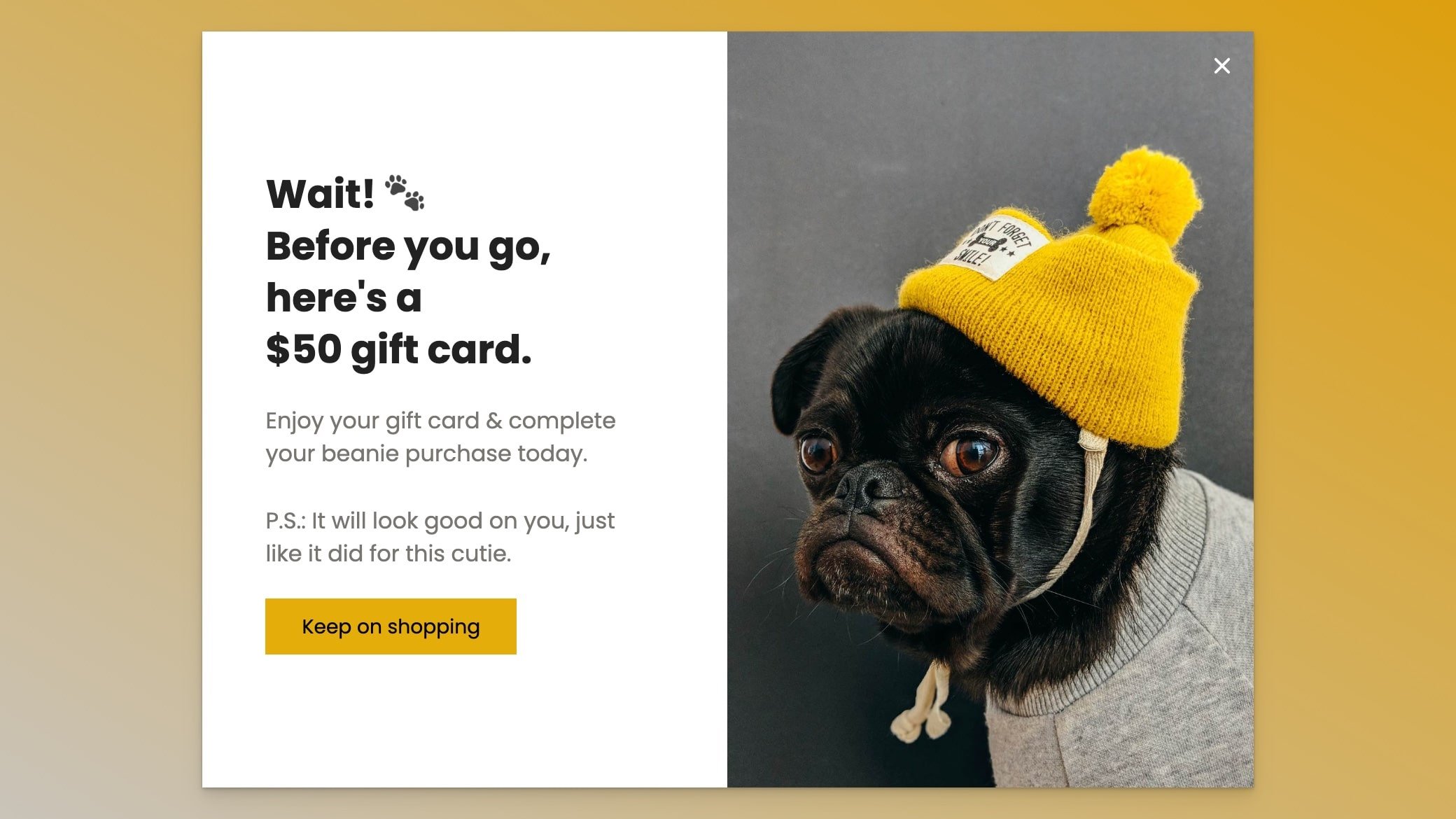 Gift card giveaway popup example for exit intent