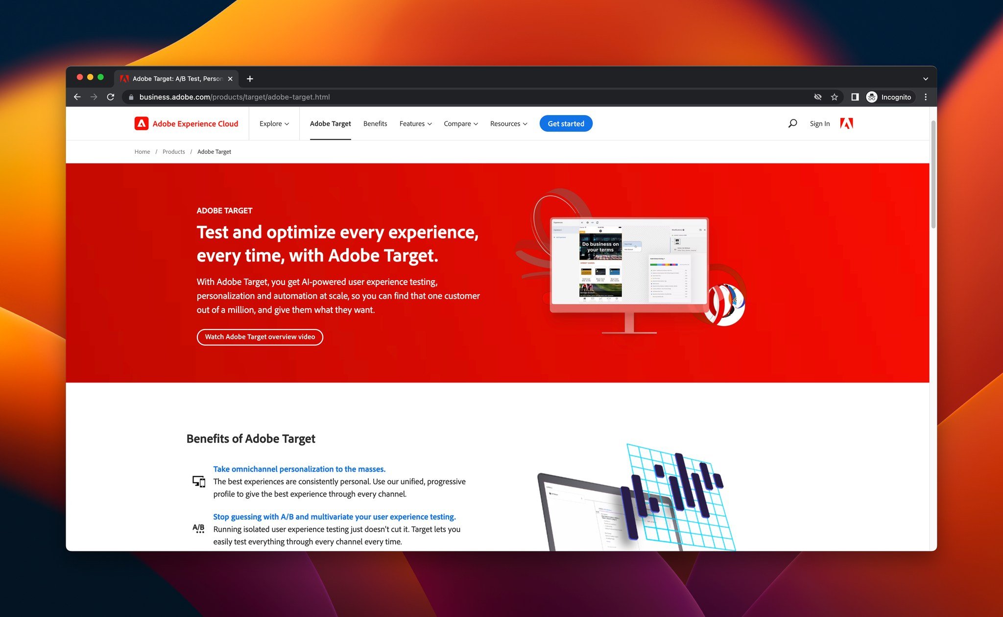 a screenshot of the homepage of Adobe Target, which is a Google Optimize alternative