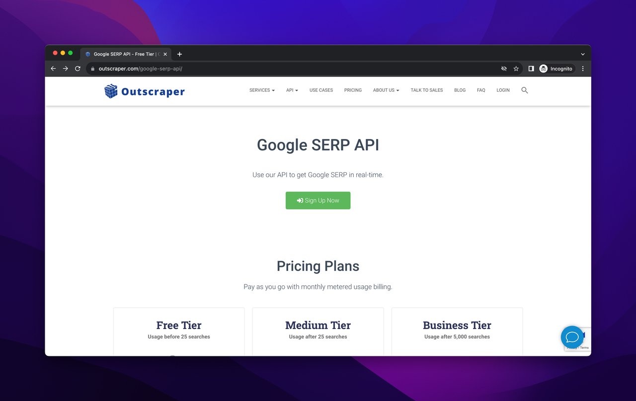 the homepage of Outscraper which is a Google SERP API