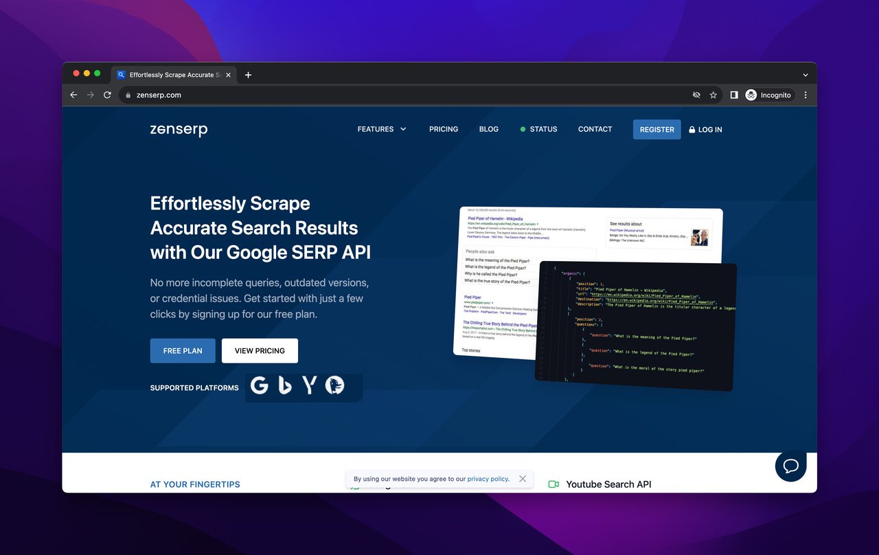 Zenserp homepage with a dark blue background and explanations