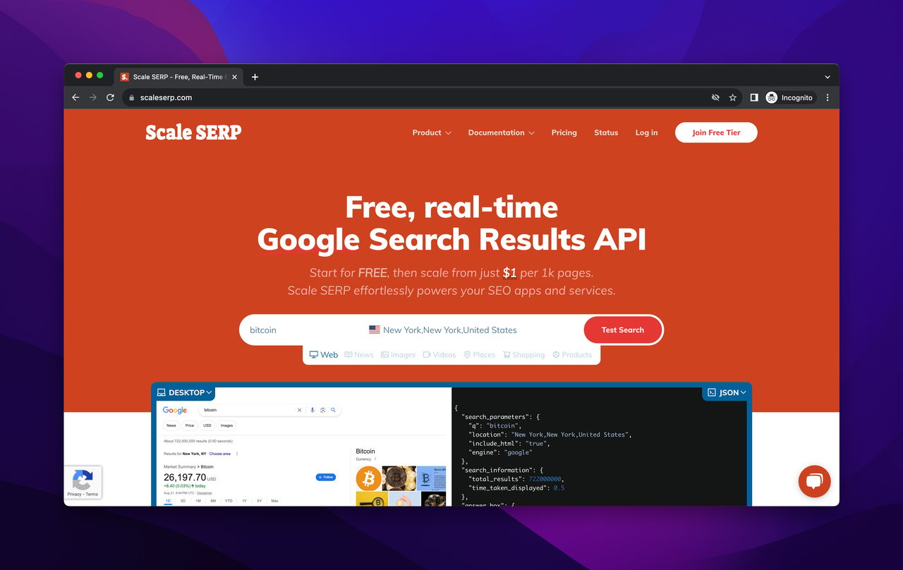 Scale SERP homepage with red background and a search bar