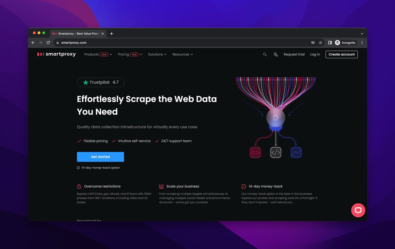 Smartproxy homepage with black background and interactive details