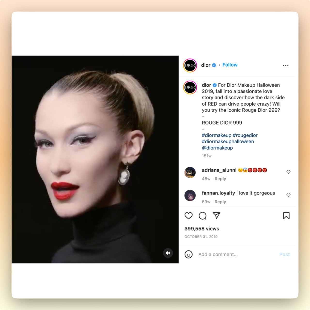 a screenshot of Dior Instagram video marketing for Halloweena showing Bella Hadid wearing a red Dior lipstick