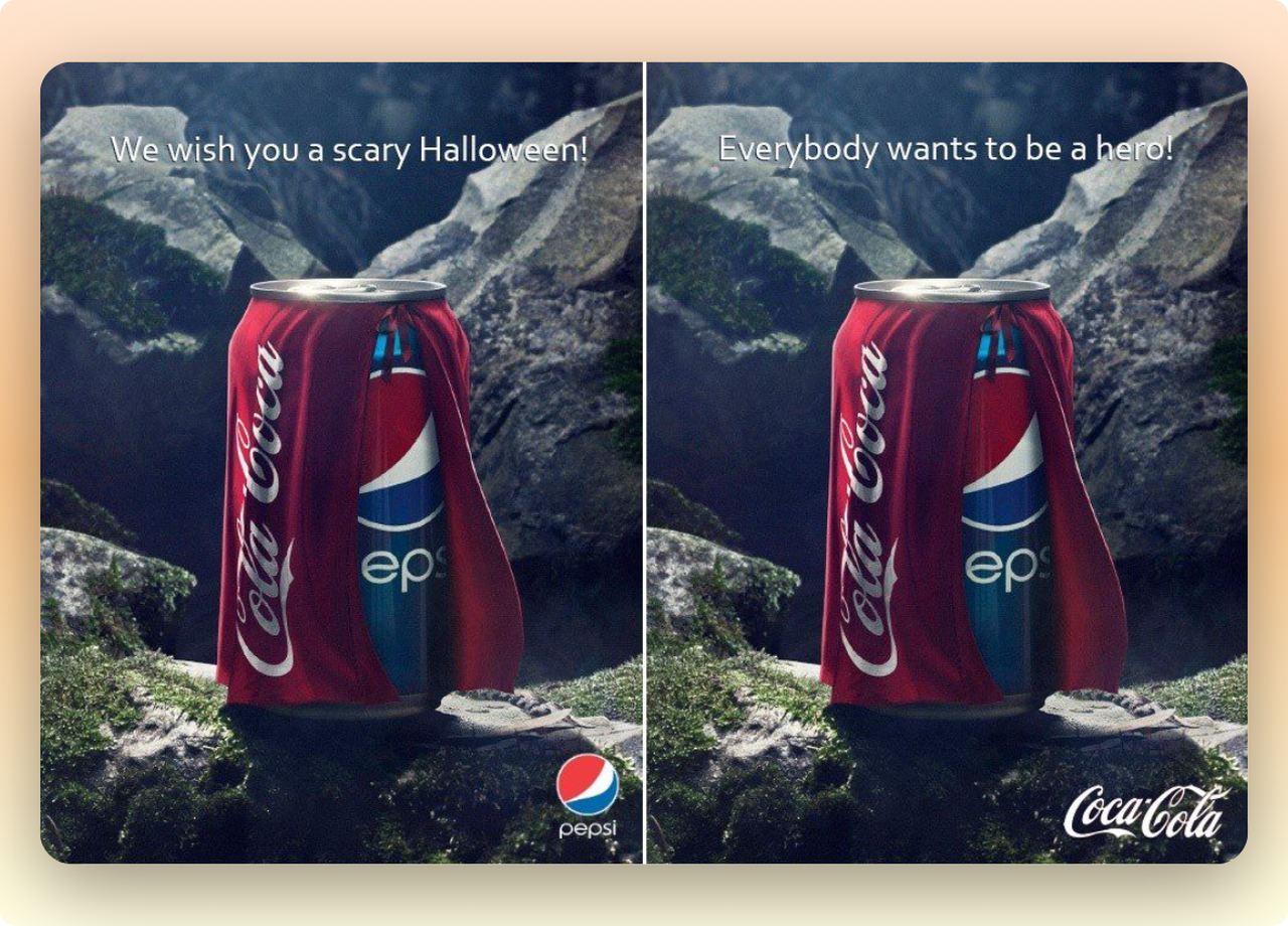 a picture of Pepsi drink wearing a Coca Cola custom for a Halloween marketing trolling campaign