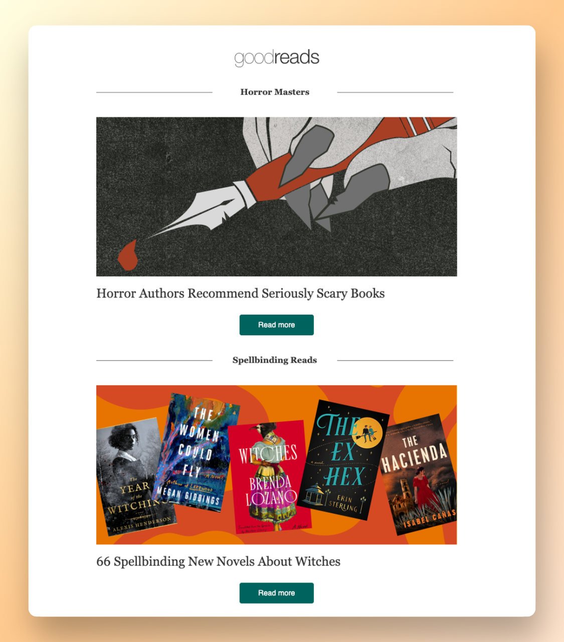 GoodReads Halloween Book Recommendation Email showing different genres of horror books