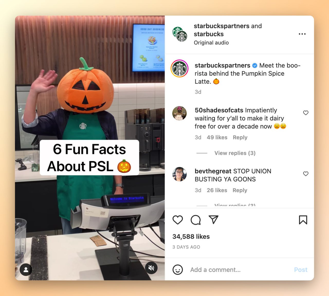 Starbucks Instagram Halloween reel showing a pumkin head character sharing 6 fun facts about their fall favorite drink " Pumpkin Spice Latte"