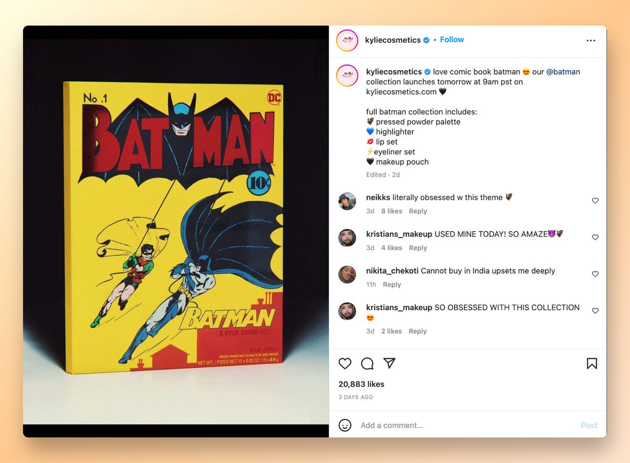 Kylie cosmetic Instagram post showing a Halloween Batman product in shape of a comic book