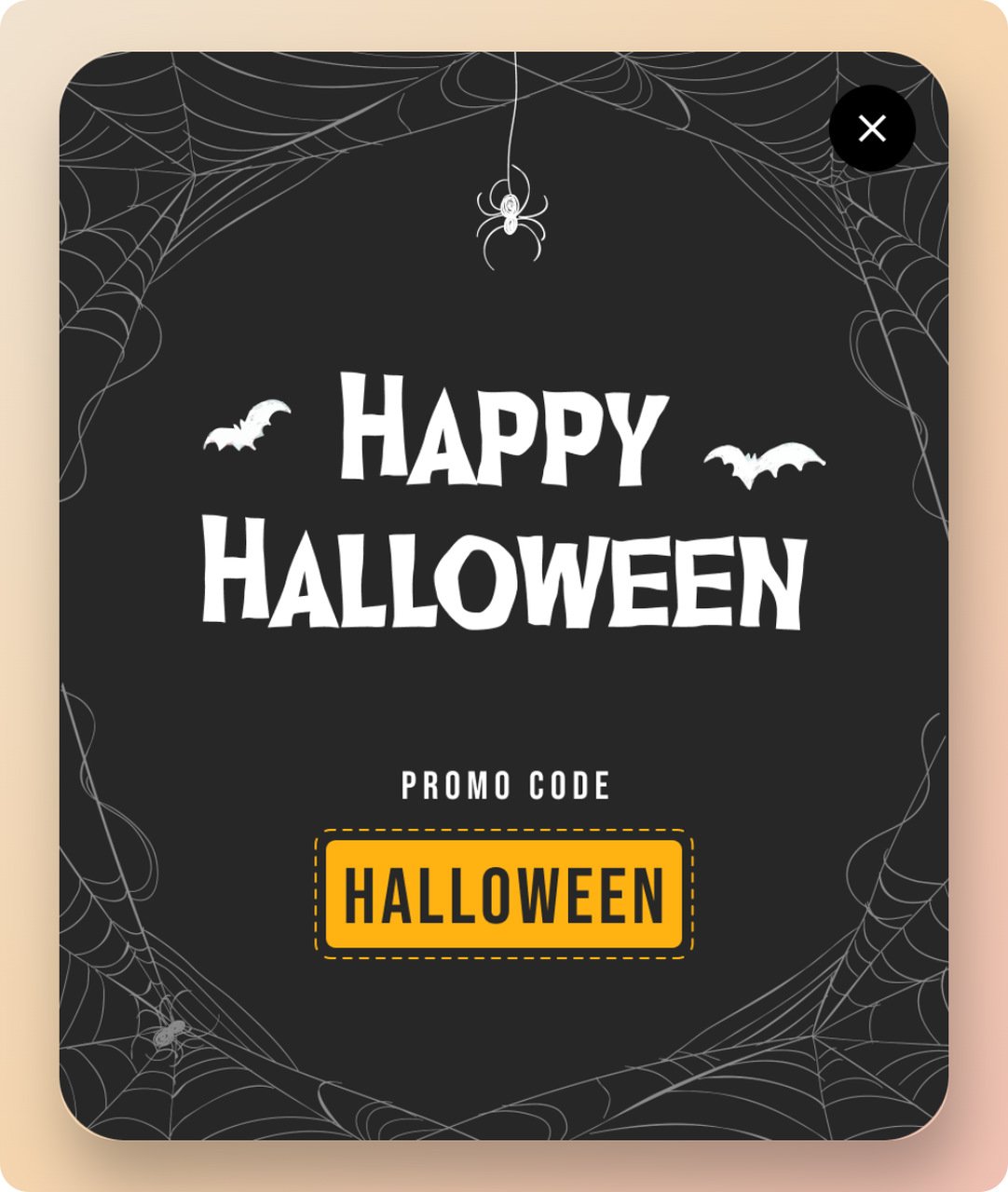 a dark Halloween popup tempalate from Popupsmart popup builder showing bats and spider illustration with a "Halloween" promo code