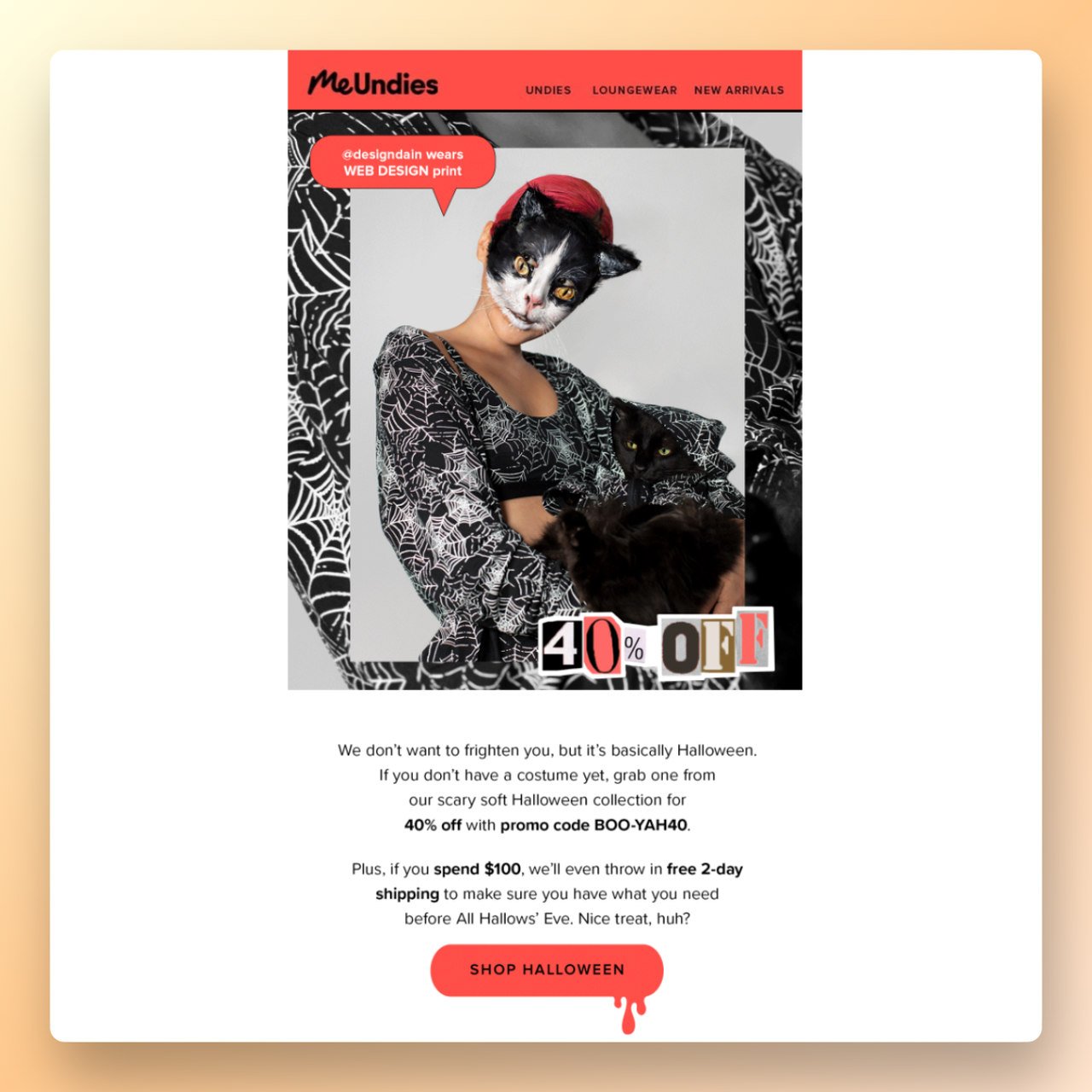 Menundies Halloween custom promotional email showing a woman in a cat Halloween custom