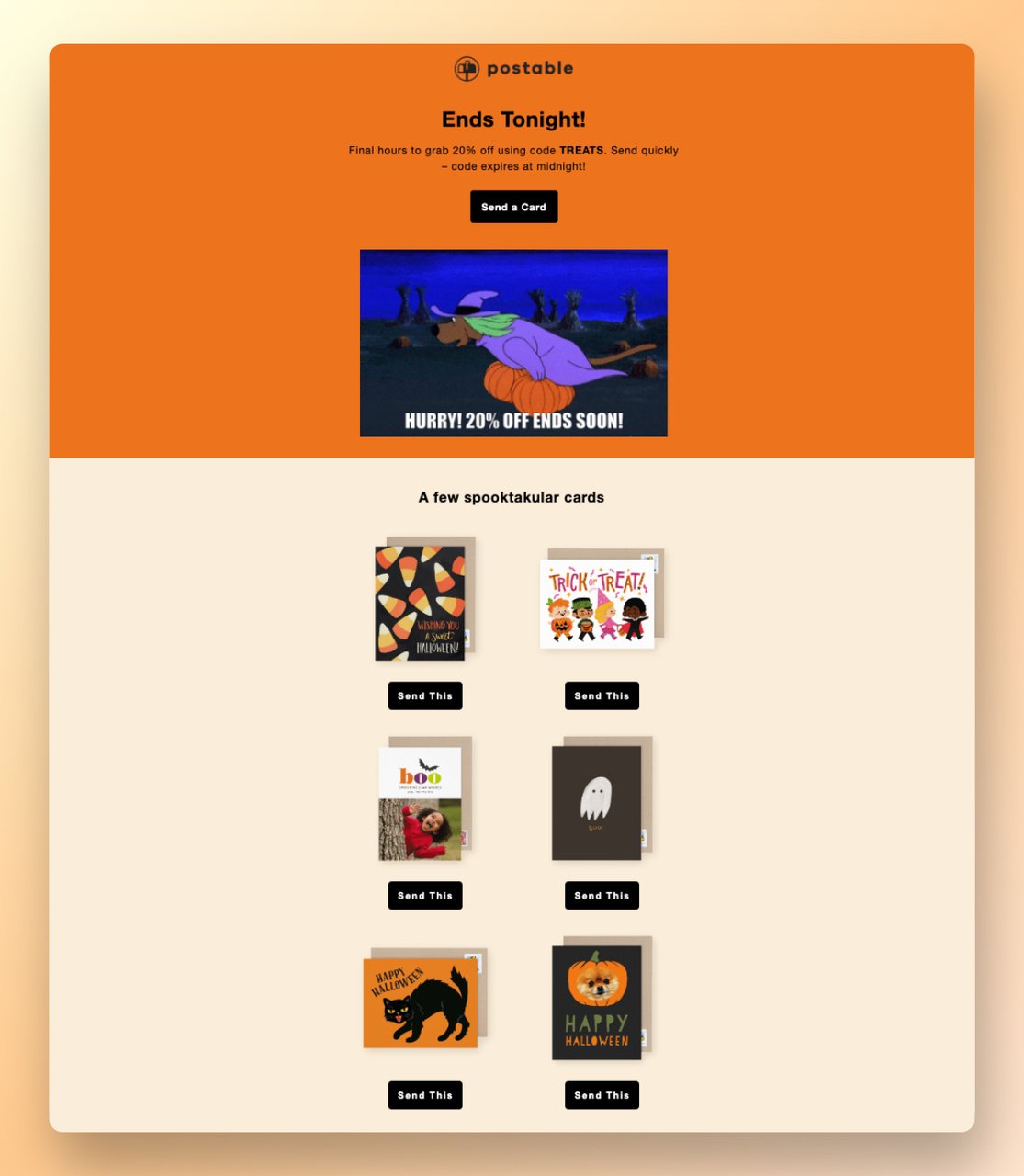 Pstable Halloween email marketing example that showcases different products and starts with a text that says "Ends Tonight" transmitting a FOMO to the recipient