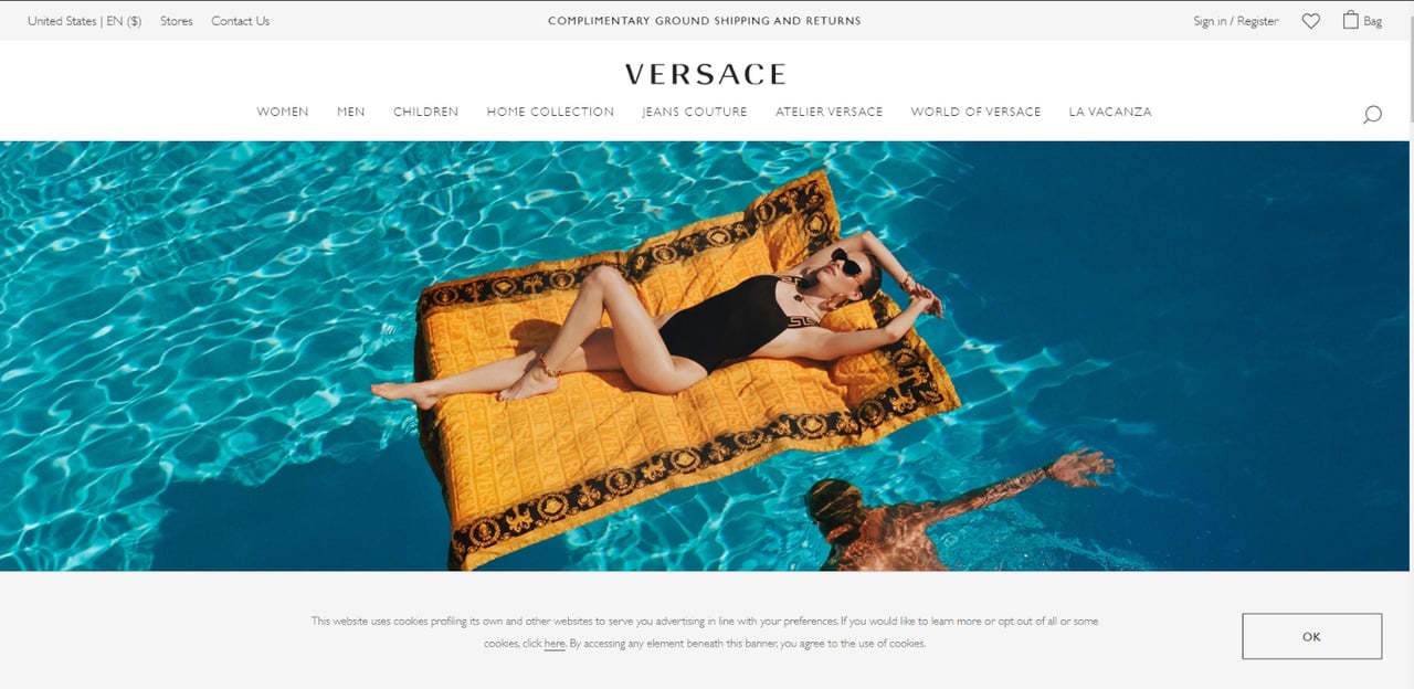 Versace cookie notice bar