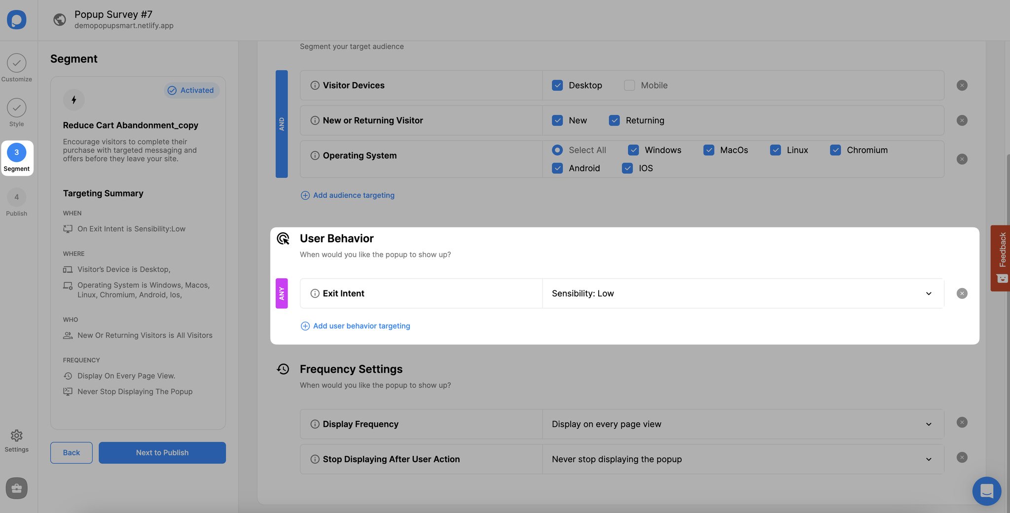 adding exit intent targeting from segment step