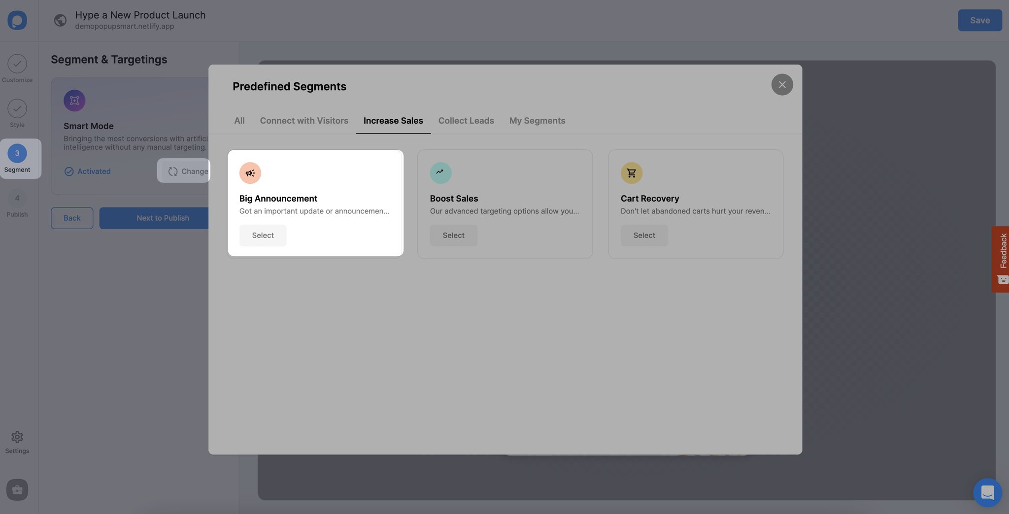 selecting segment from predefined segments