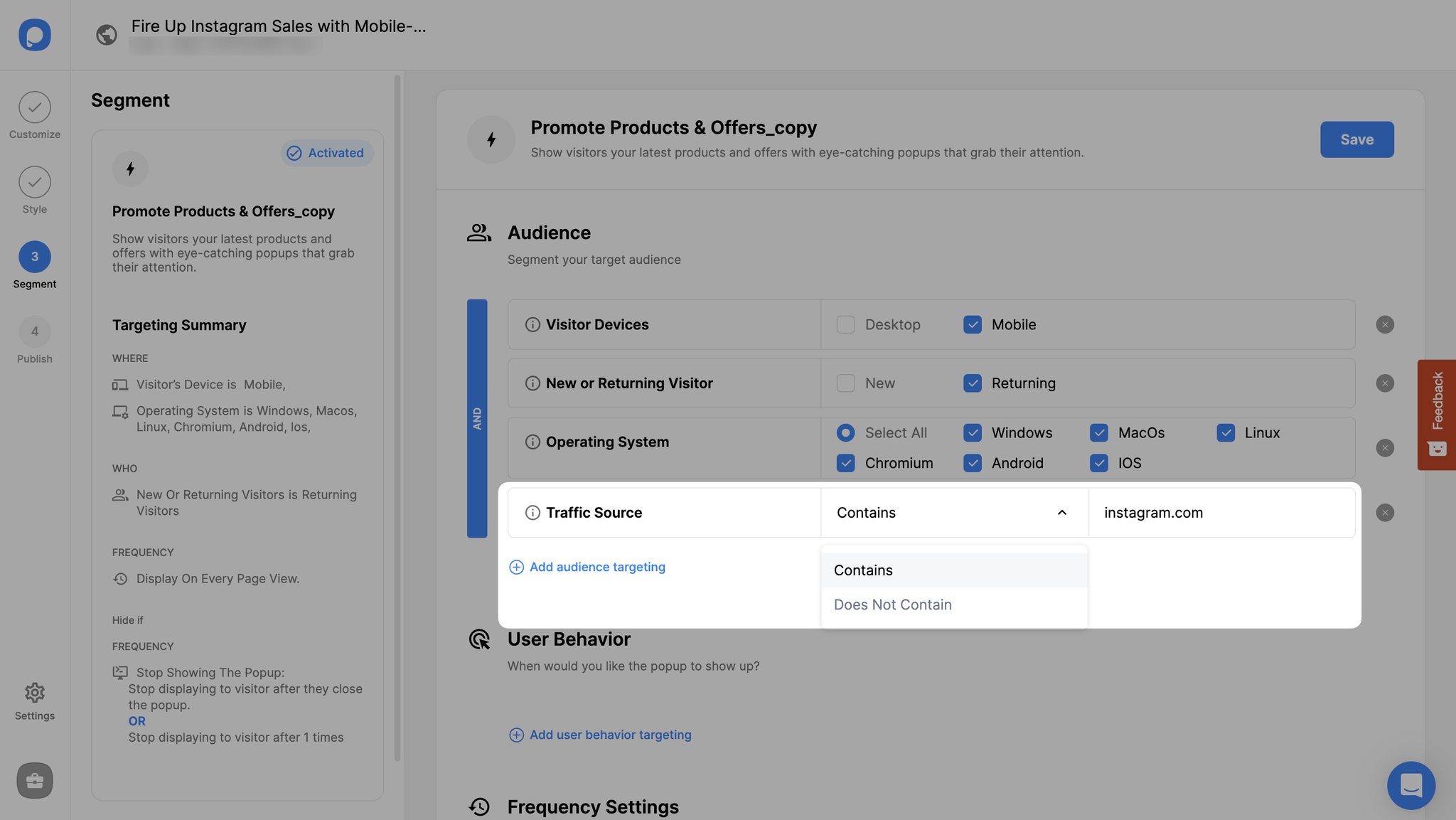 adding traffic source on the segment step