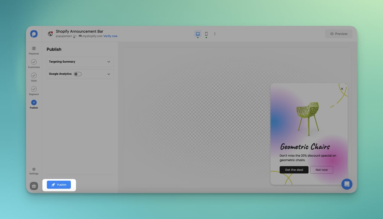 Shopify announcement bar's Publish step