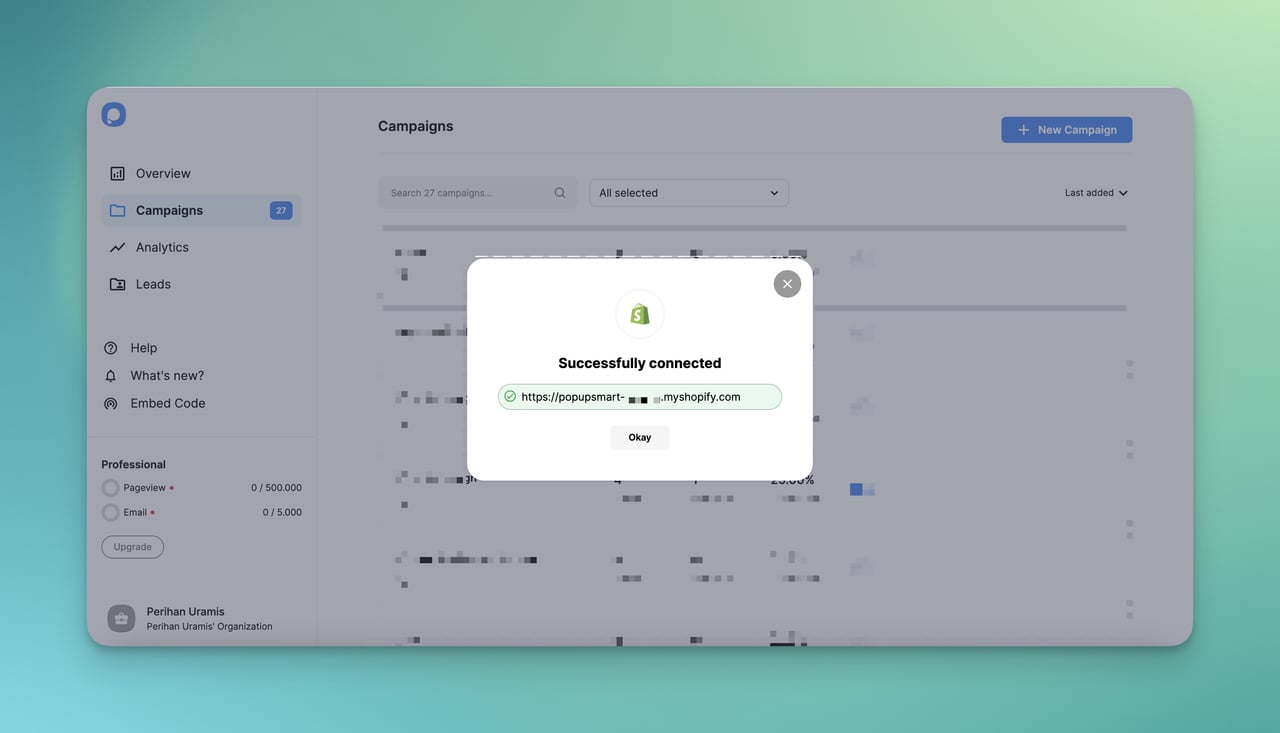 connected Shopify account on Popupsmart with a modal