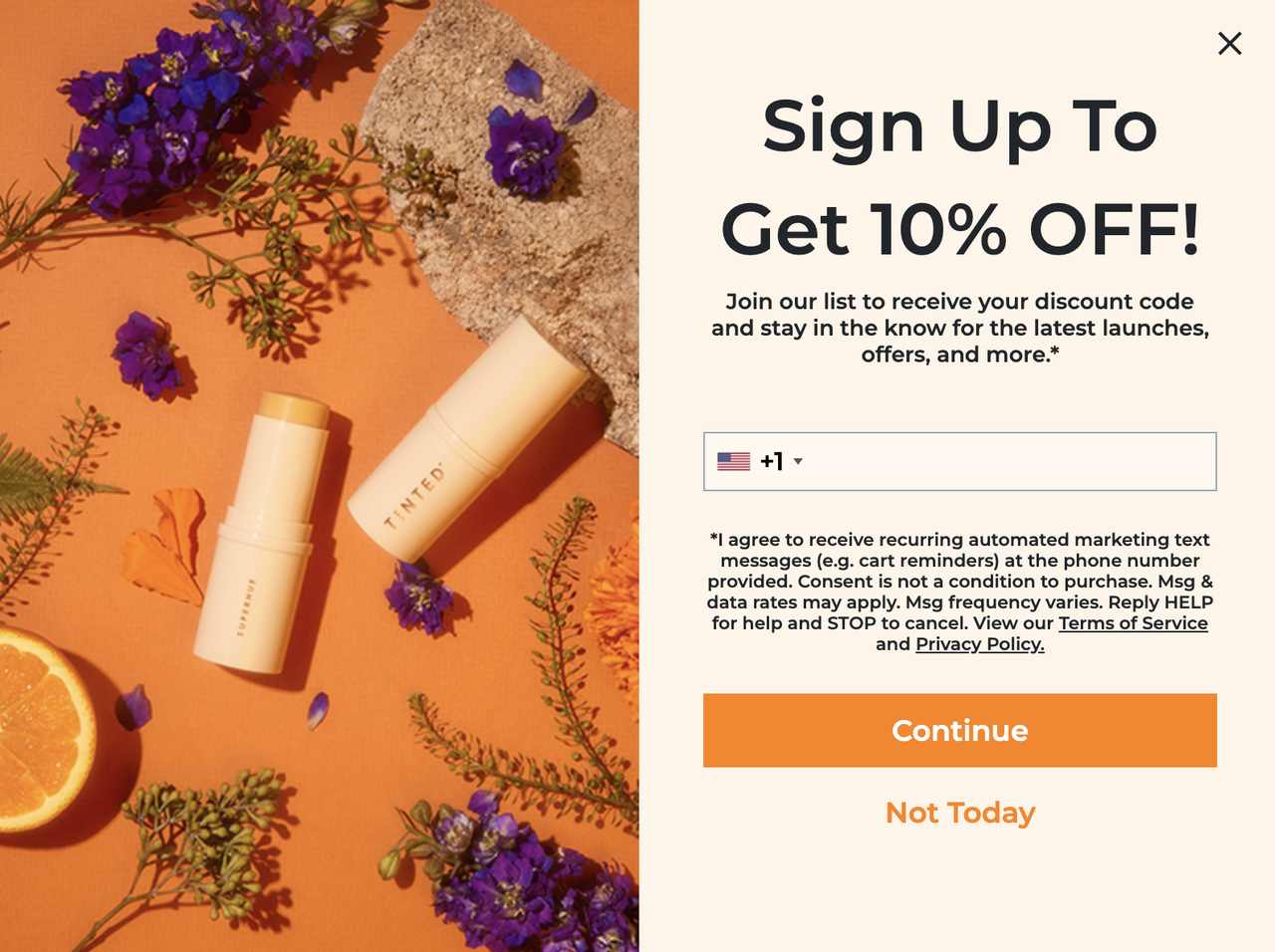 Livetinted sms popup showing brand products on left on an orange background with different types of flowers and plants and "sign up to get 10%  off" on the right followed by a phone number field