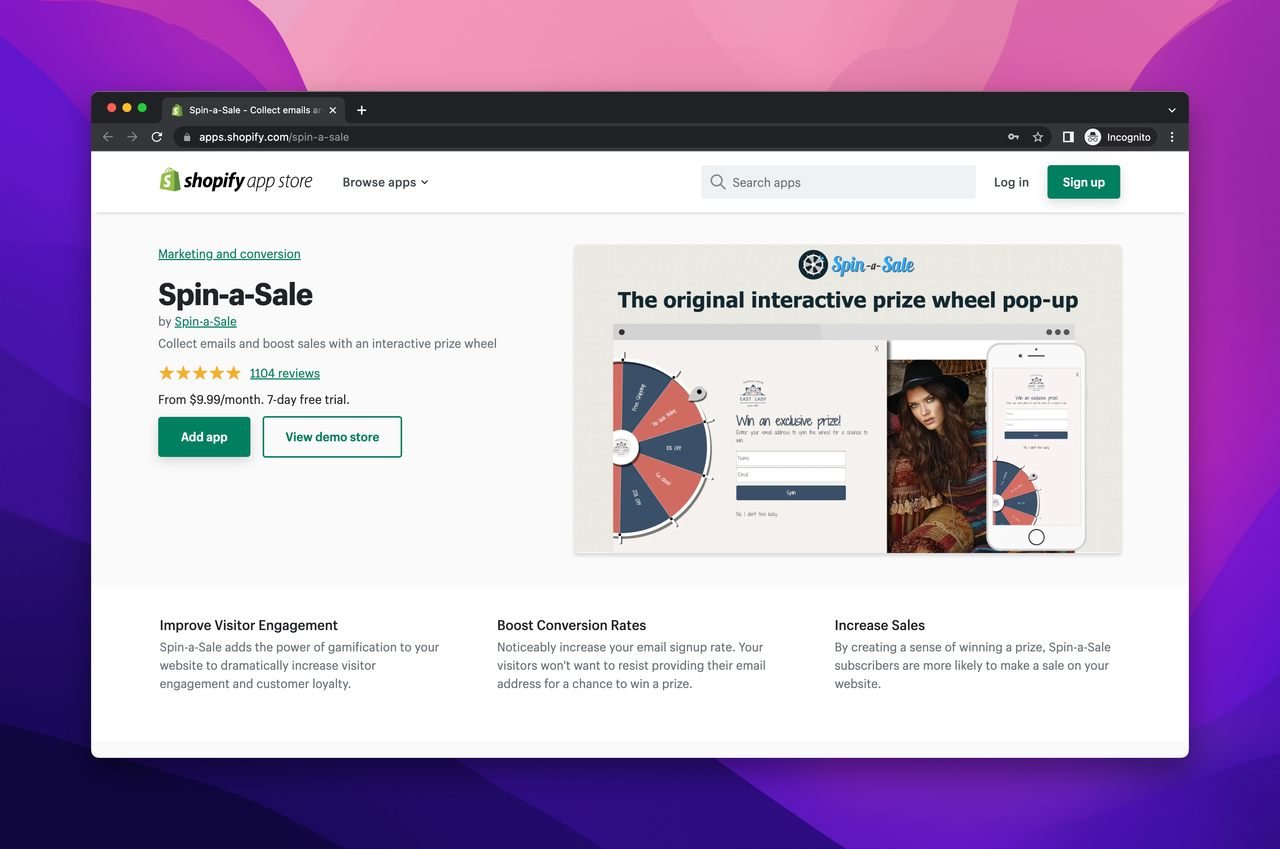 Spin-a-Sale Shopify page with a screenshot of a the wheel popup on the right side and two buttoms that say "Add app" and "View demo store" 