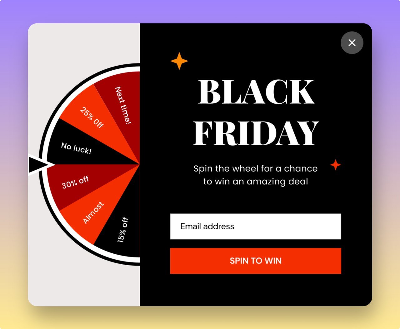 a Black friday wheel popup example offering discounts in exchange for users email address