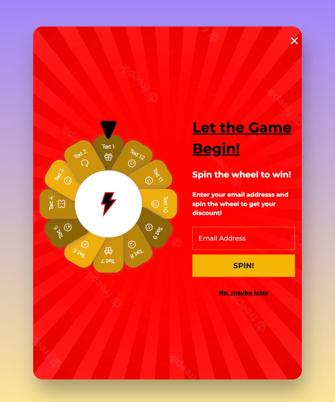 a wheel popup example that says "Let the game begin" with a red background and a golden wheel on the right side