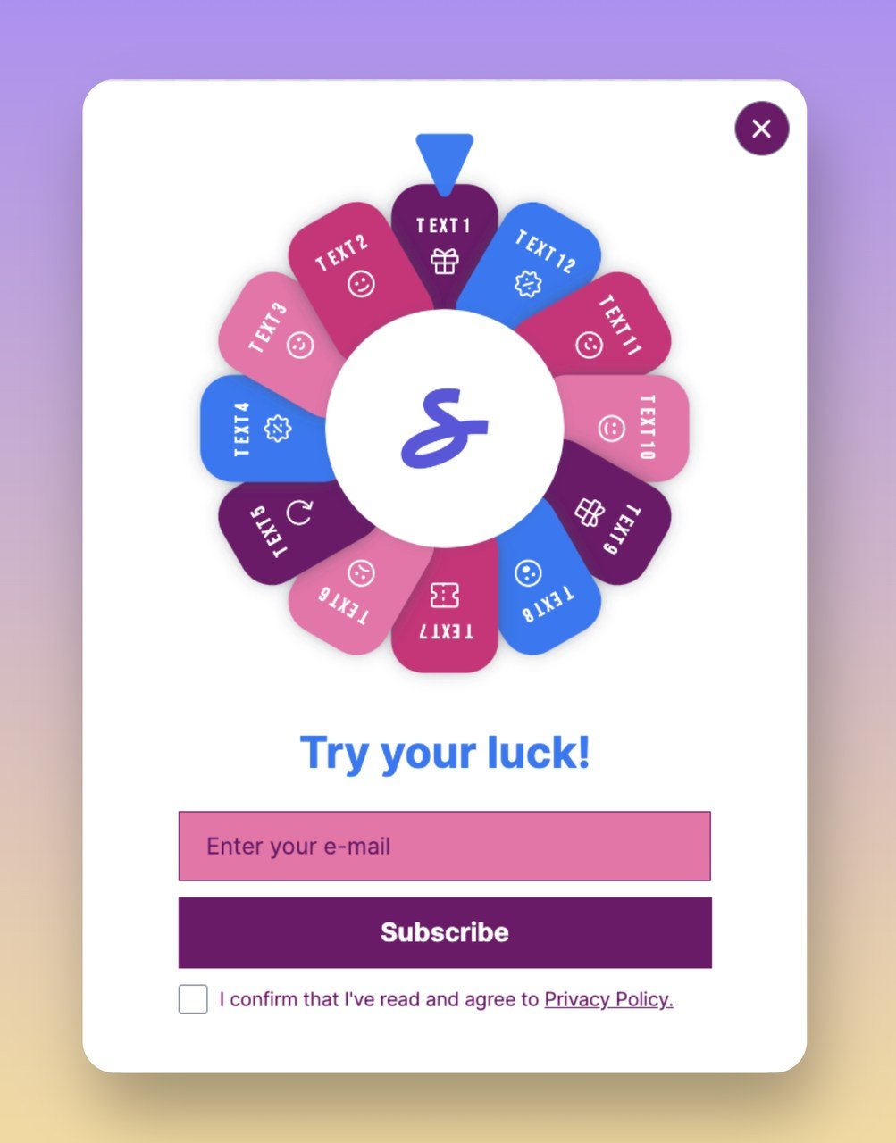 a wheel popup example that says "Try your luck" and offering prizes in exchange for user's email address 