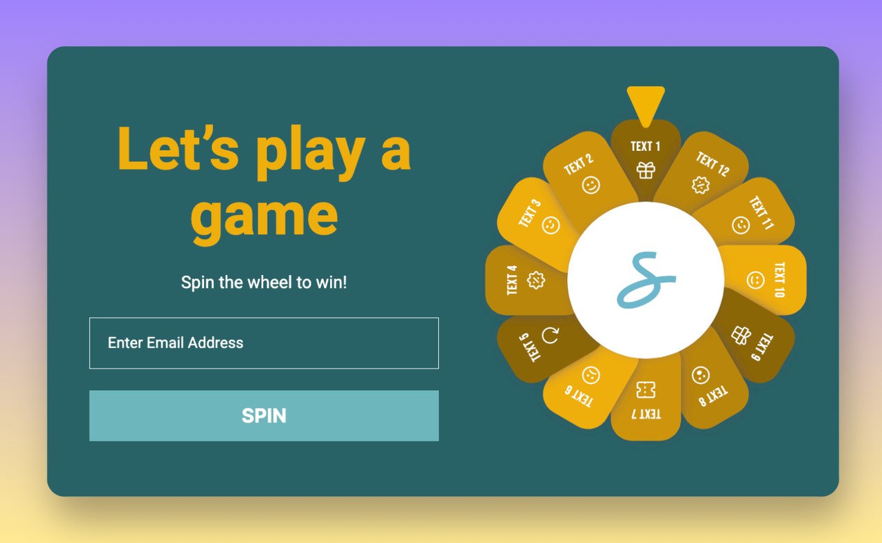 a wheel popup example that says "Let's play a game" and asking for users emails and a spin-to-win element on the right side