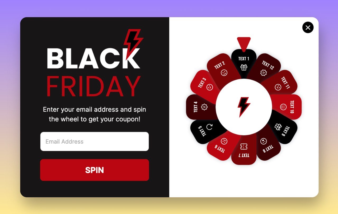 a Spin to win wheel popup example for Black Friday with a black and red theme