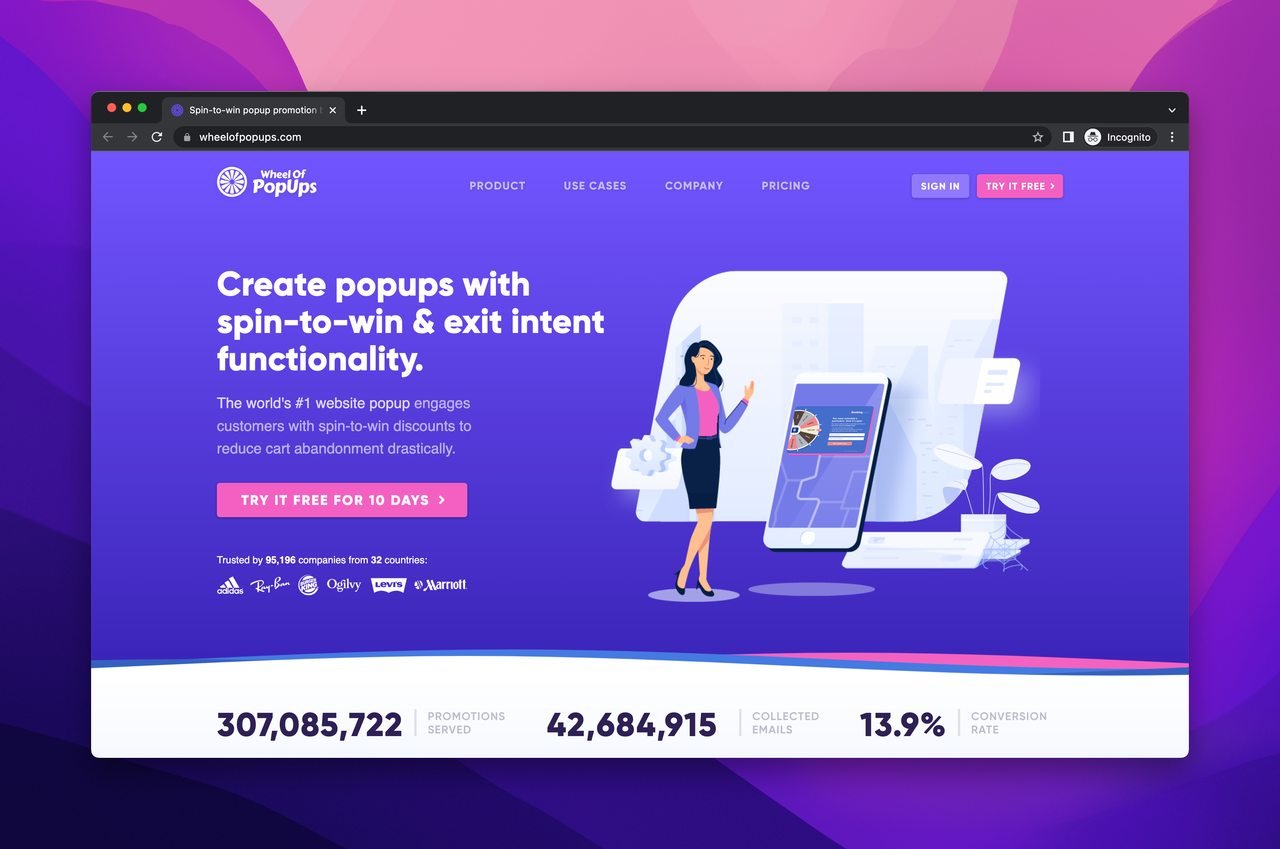 Wheel popups homepage with a purple background and an illustration of a woman working with a big cell phone and a title on the left side of the picture that says "Create popups with spin-to-win & exit intent functionality"