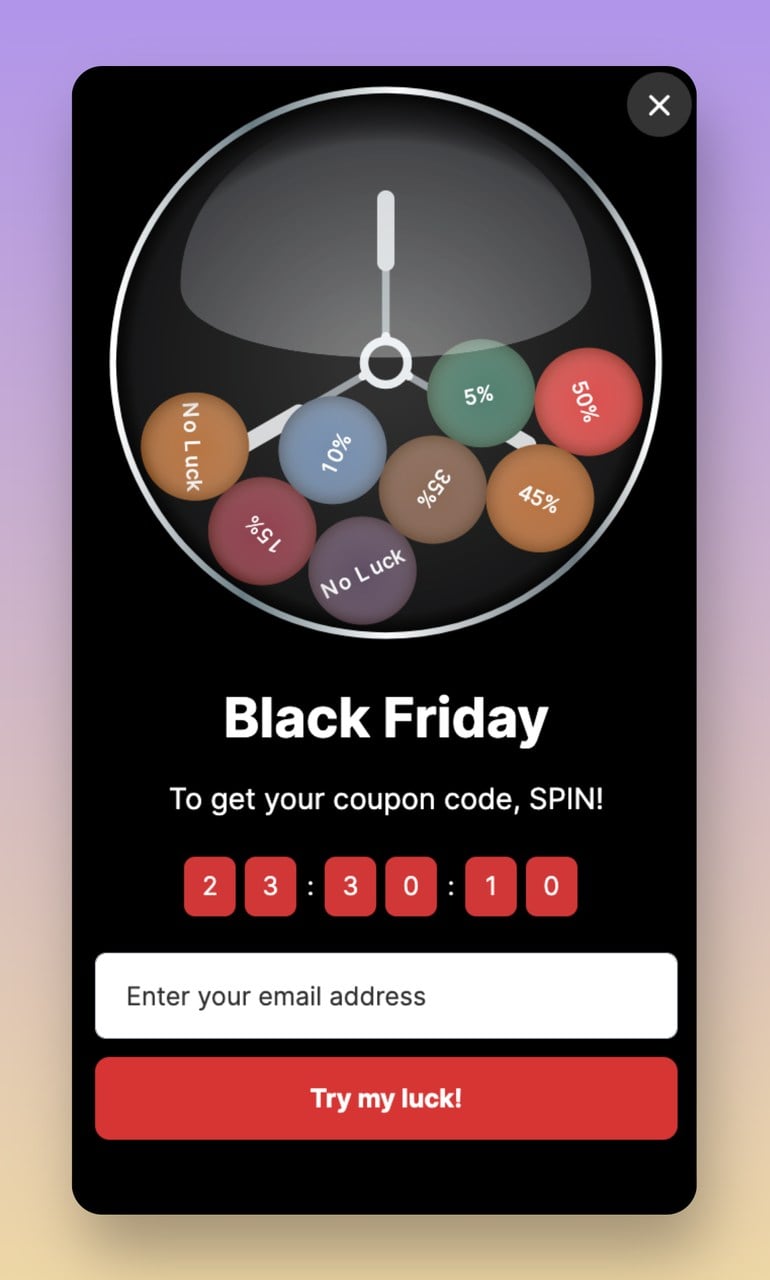 a lottery wheel popup example with a countdown timer and a text that says "Black Friday, to get your coupon code SPIN!"