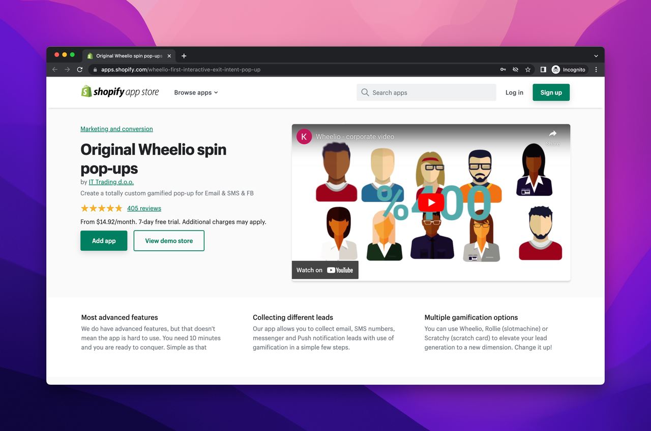 Wheelio tool Shopify page showing a Youtube video embeded on the right side of the page and a title that says "Original Wheelio Spin-to-Win Popups" with two button that say "Add app" & "View demo store"