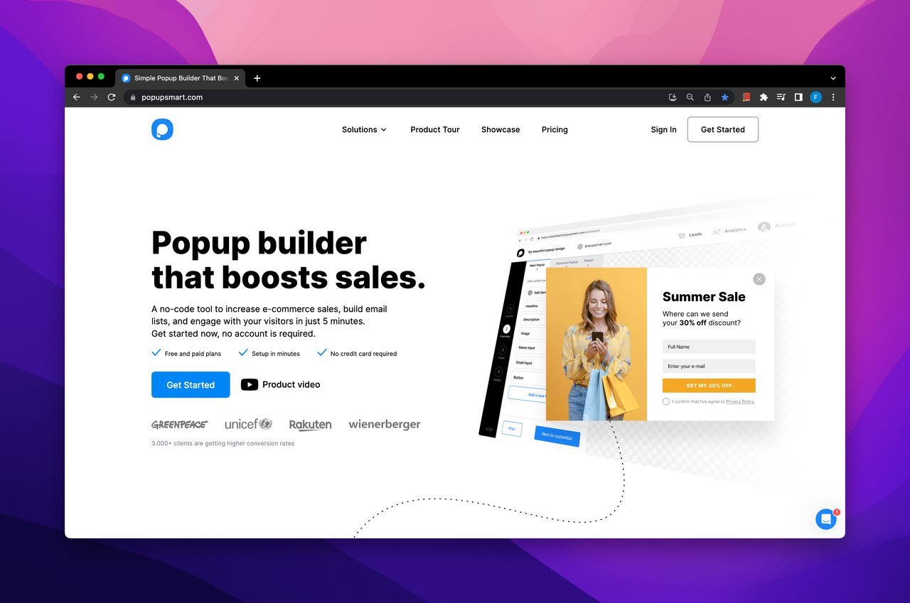 Popupsmart popup builder homepage with an image of a girl checking her phone on the right side