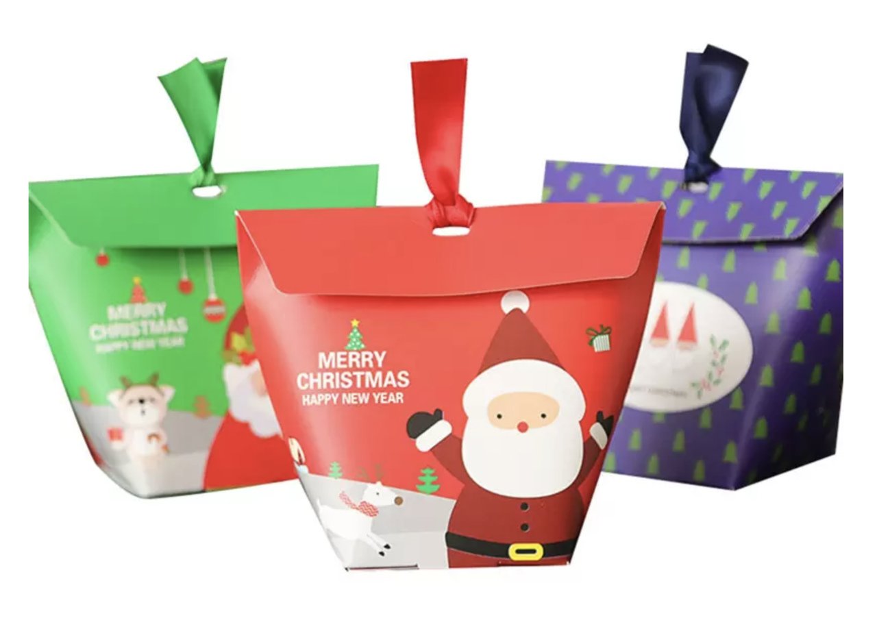 christmas product bundle with three different color package with christmas related illustrations on them