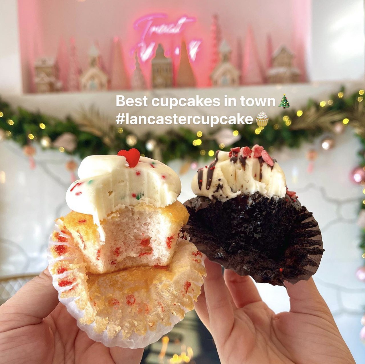 user generated content with hashtag showing two cupcakes being hold by two hands, bitten, on a festive background